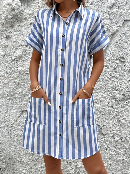 Effortless Striped Shirt Dress for Women with Short Sleeve Belted