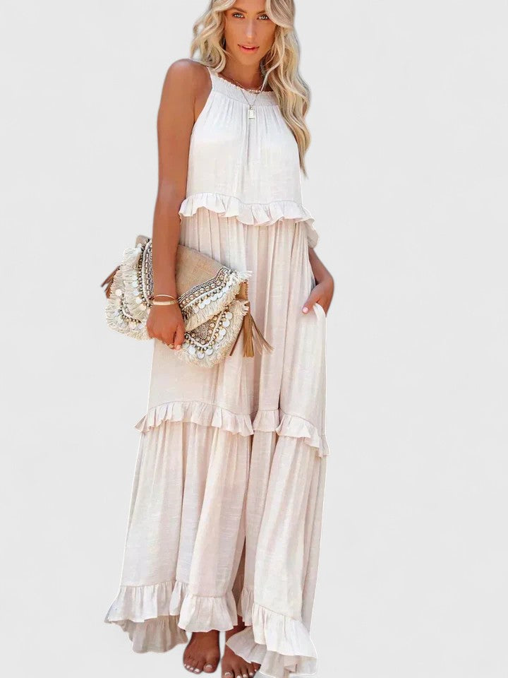 Effortless Ruffle Maxi Dresses for Women with Halter Neck Sleeveless Two Tone Casual Sundress Style