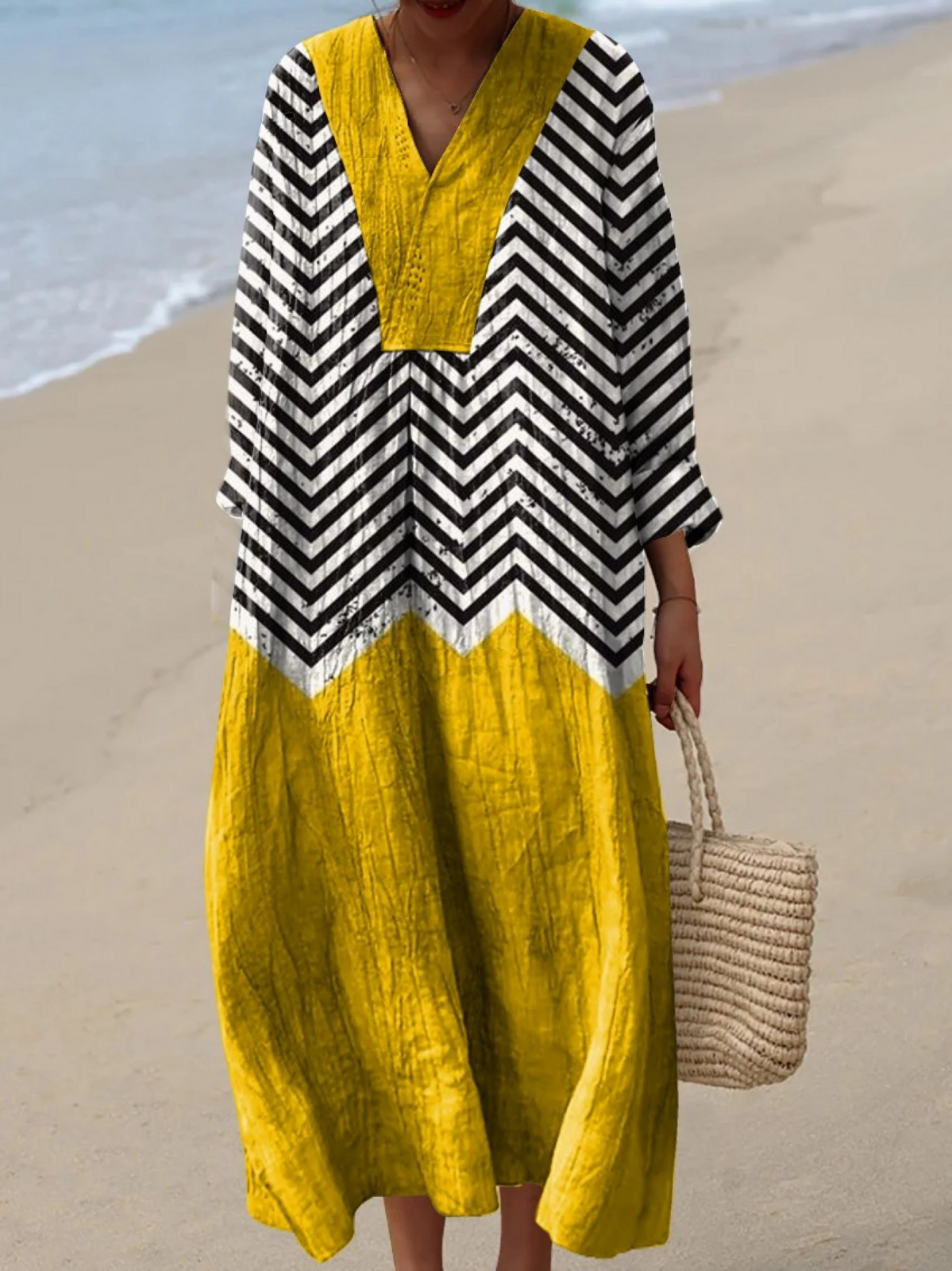 Stylish Flowy Geometric Dress for Women with Long Sleeve