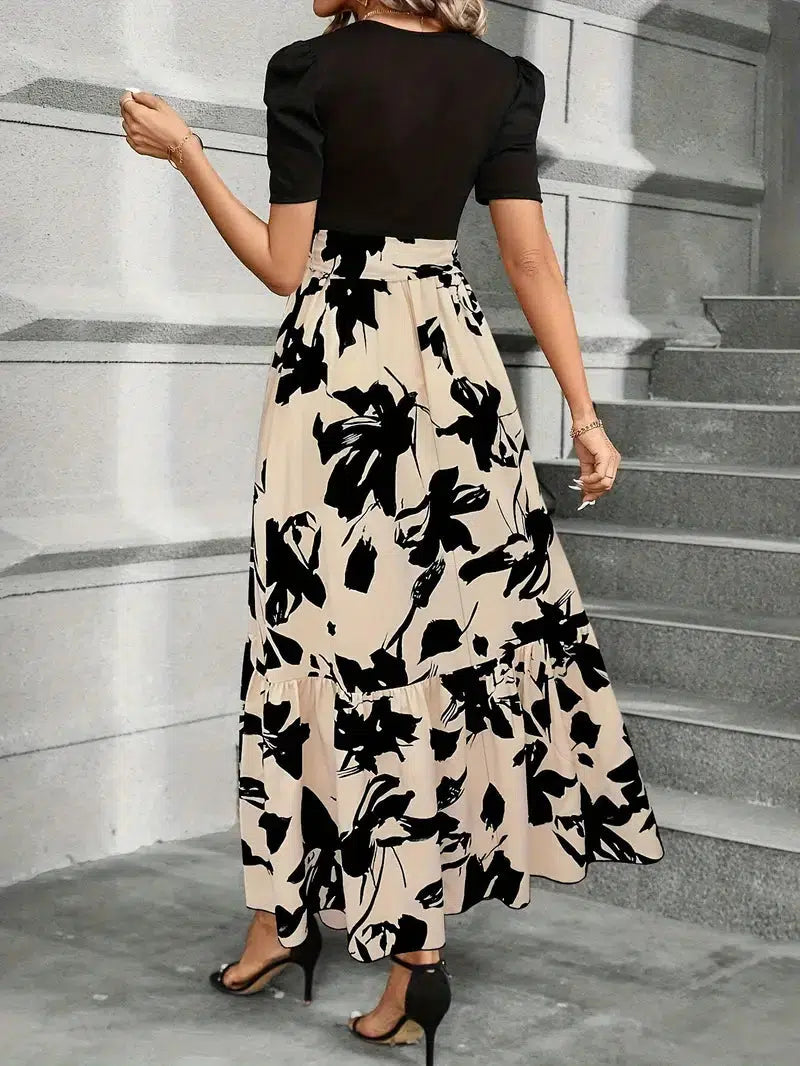 Effortless Floral Maxi Dress for Women with Puff Sleeve High Waist Flowy Skirt Style