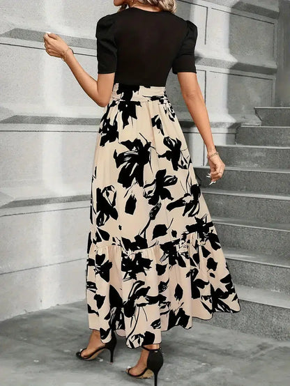 Effortless Floral Maxi Dress for Women with Puff Sleeve High Waist Flowy Skirt Style