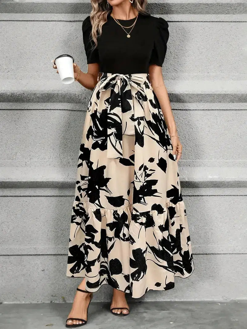 Effortless Floral Maxi Dress for Women with Puff Sleeve High Waist Flowy Skirt Style