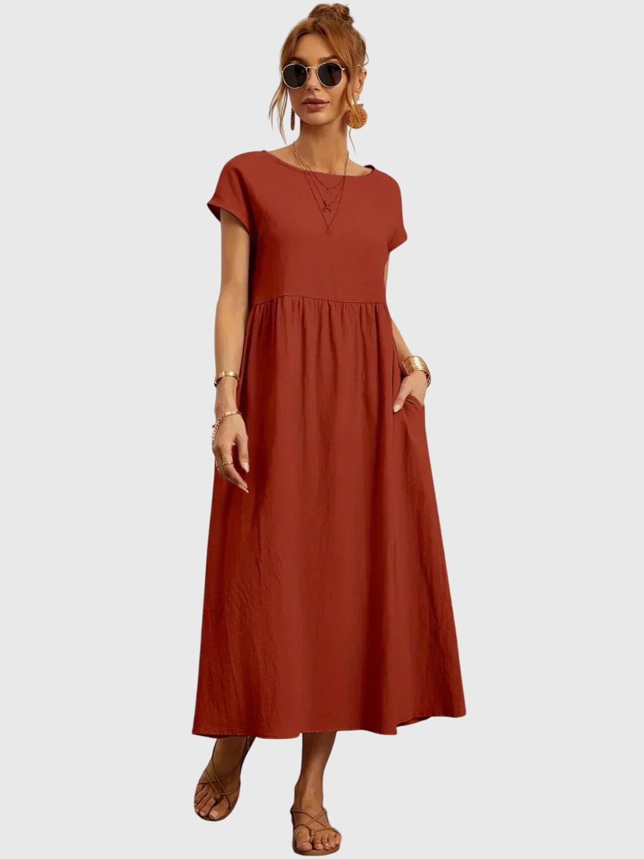 Effortless Round Neck Maxi Dress for Women with Short Sleeve Empire Waist Pocket Casual Style