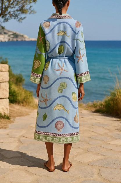 Effortless Shirt Dress for Women with Ocean Print Twill Belted Long Sleeve Button Down Midi Style