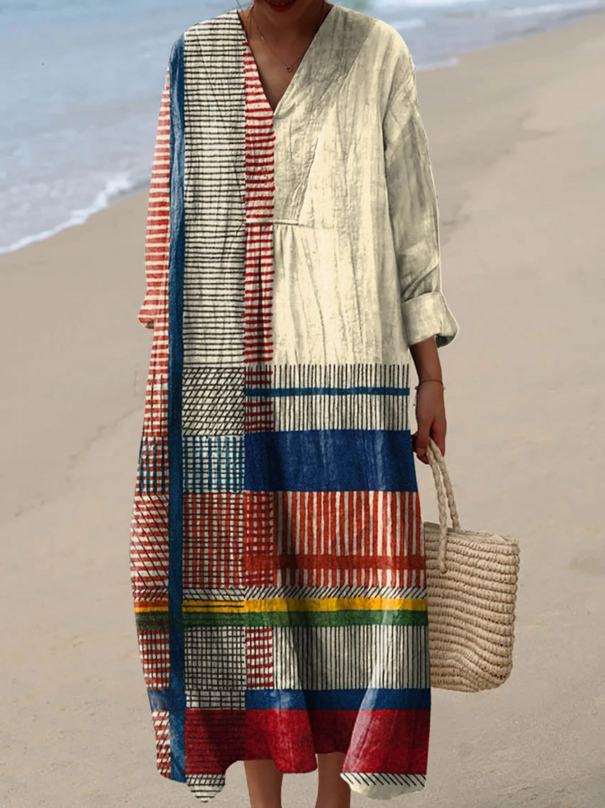 Stylish Flowy Geometric Dress for Women with Long Sleeve Vintage