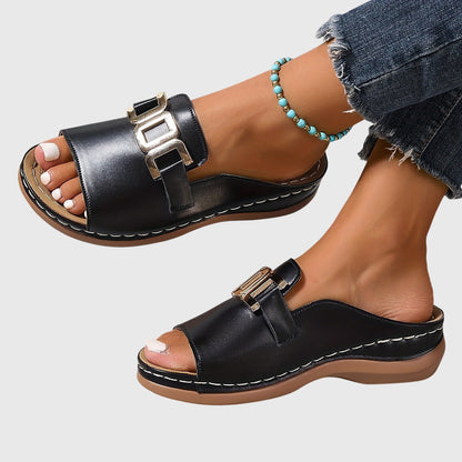 Comfortable Sandals for Women with Flat Slide Gold Chain Buckle Open Toe Casual Summer Style