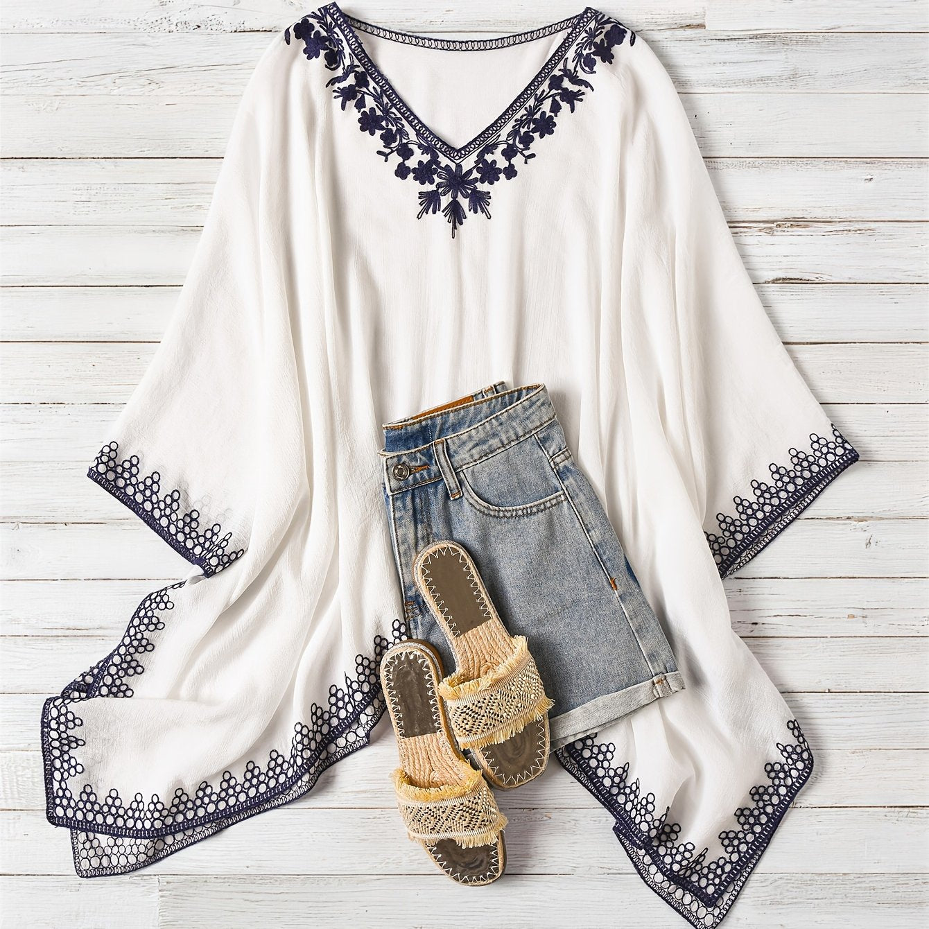 Effortless Poncho Shirt for Women with Embroidered Trim Batwing Sleeve Style