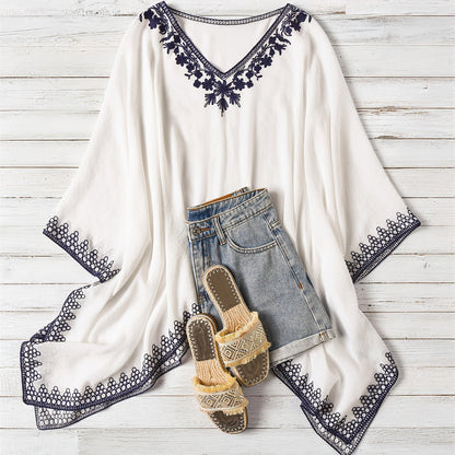 Effortless Poncho Shirt for Women with Embroidered Trim Batwing Sleeve Style