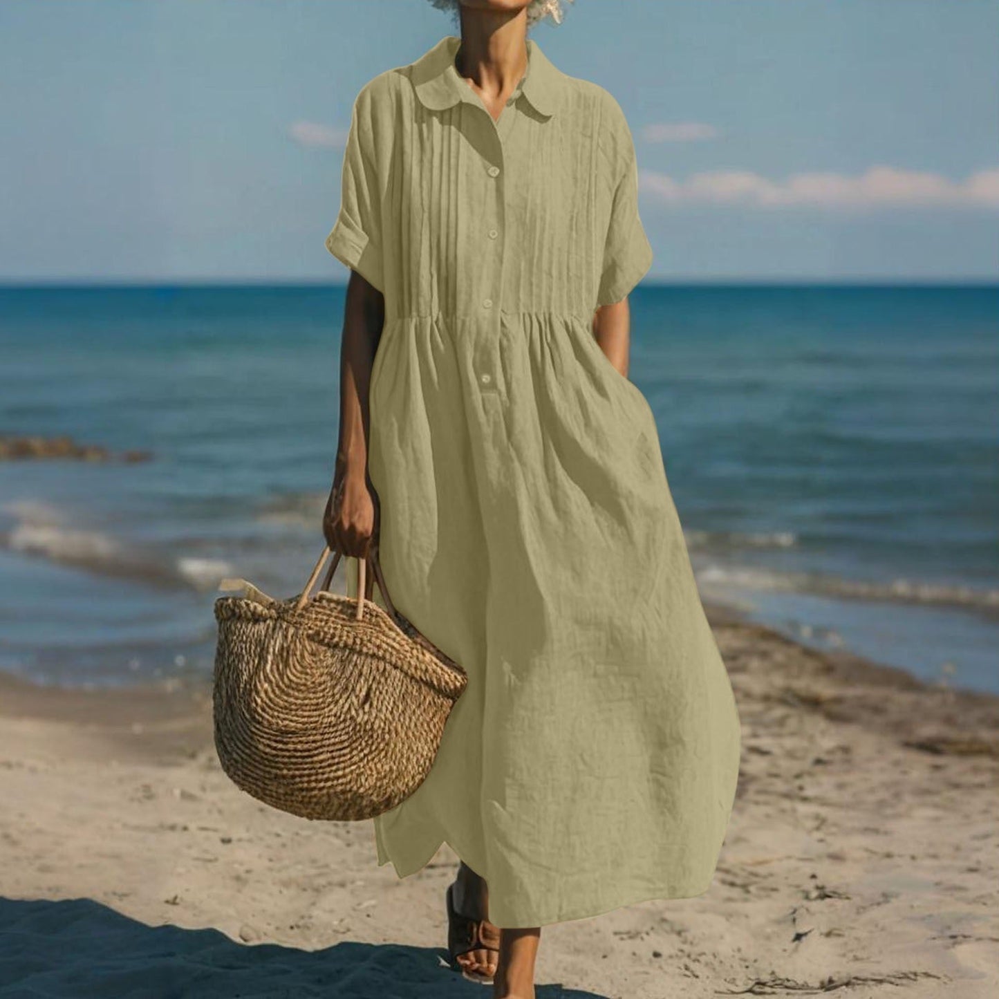 Stylish Maxi Dress for Women with Collared Short Sleeve Pleated