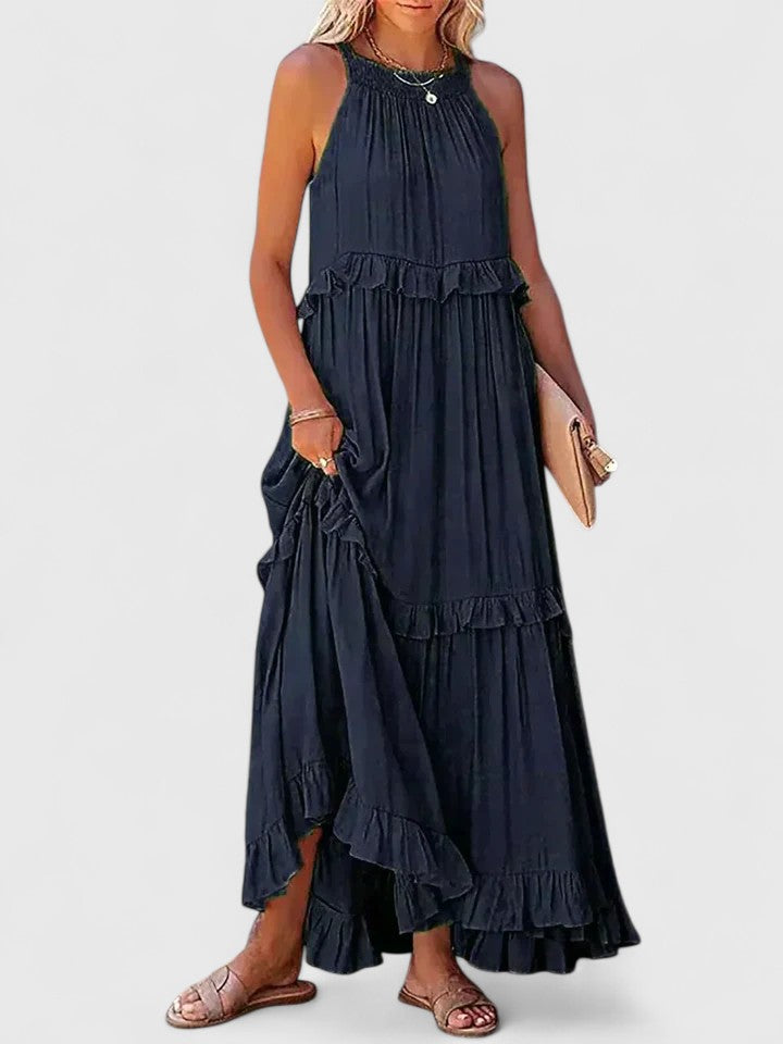 Effortless Ruffle Maxi Dresses for Women with Halter Neck Sleeveless Two Tone Casual Sundress Style