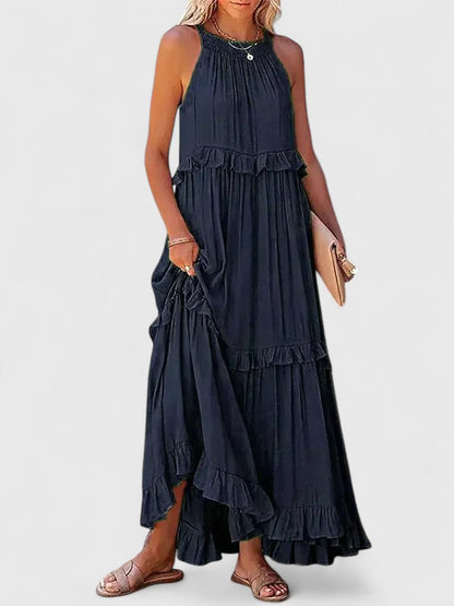 Effortless Ruffle Maxi Dresses for Women with Halter Neck Sleeveless Two Tone Casual Sundress Style