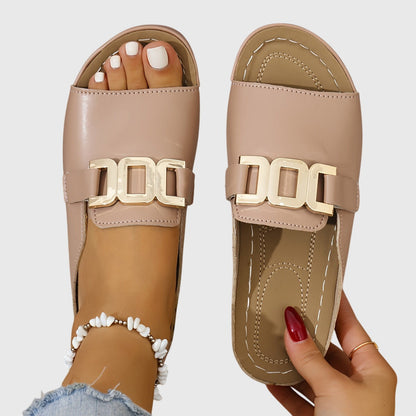 Comfortable Sandals for Women with Flat Slide Gold Chain Buckle Open Toe Casual Summer Style