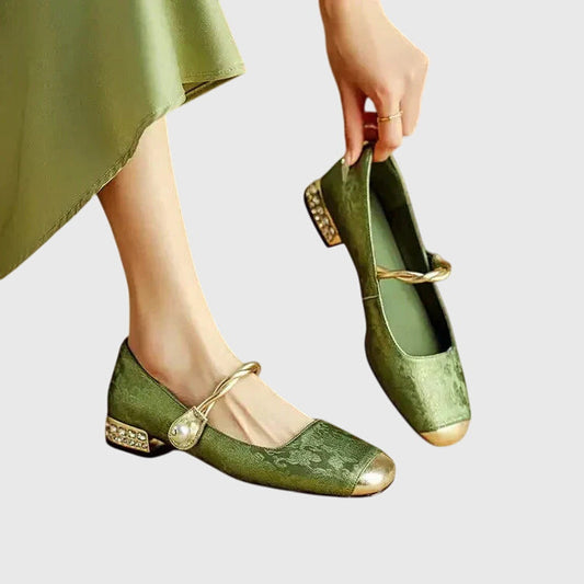 Elegant Mary Jane Shoes for Women with Round Toe Rhinestone Heel Jacquard Fabric Flat Slip On Style