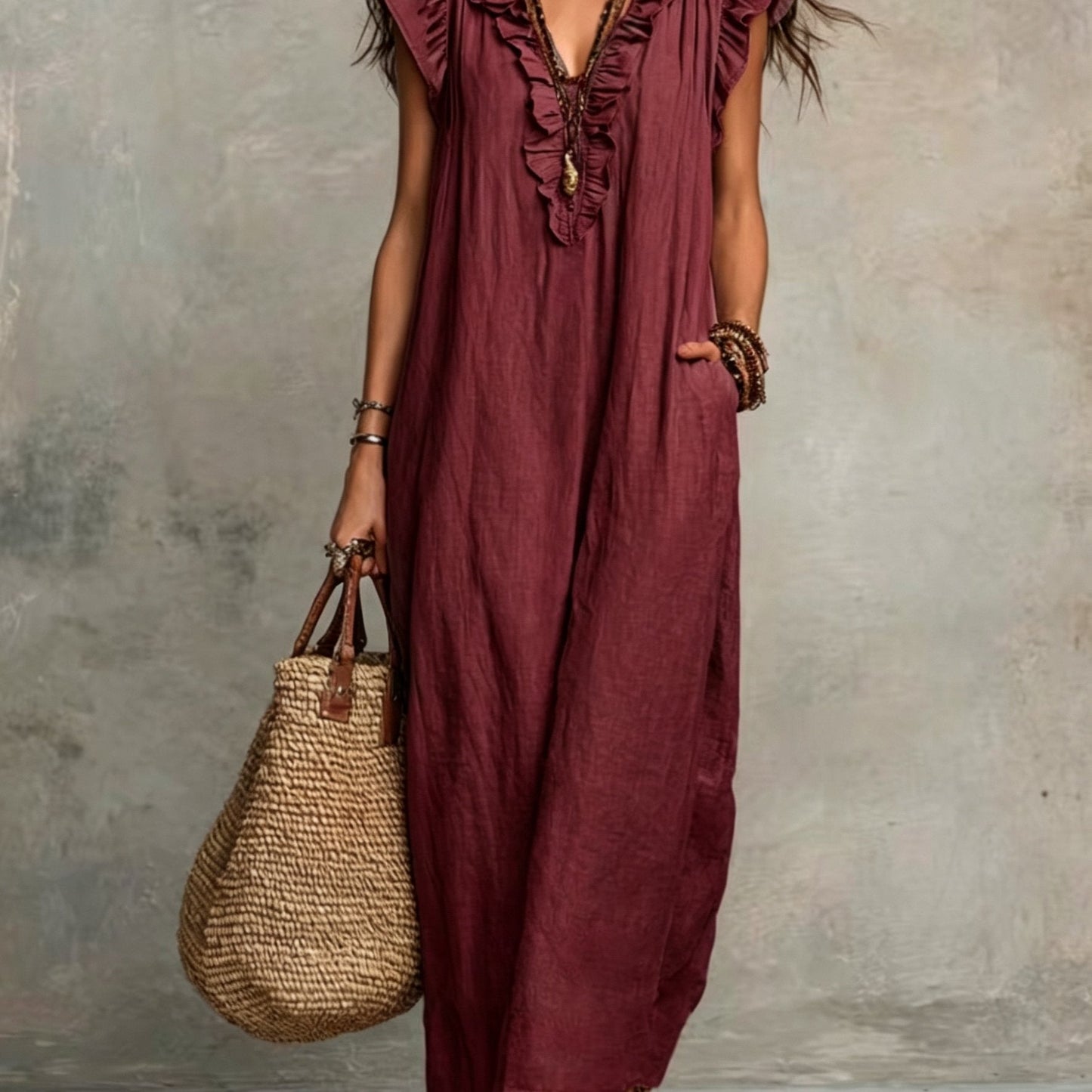 Effortless Maxi Dress for Women with V Neck Ruffled