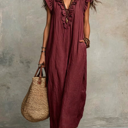 Effortless Maxi Dress for Women with V Neck Ruffled