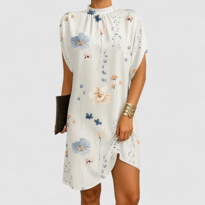 Effortless Gathered Mock Neck Casual Dresses for Women with Split Batwing Sleeve Relaxed Mini Style