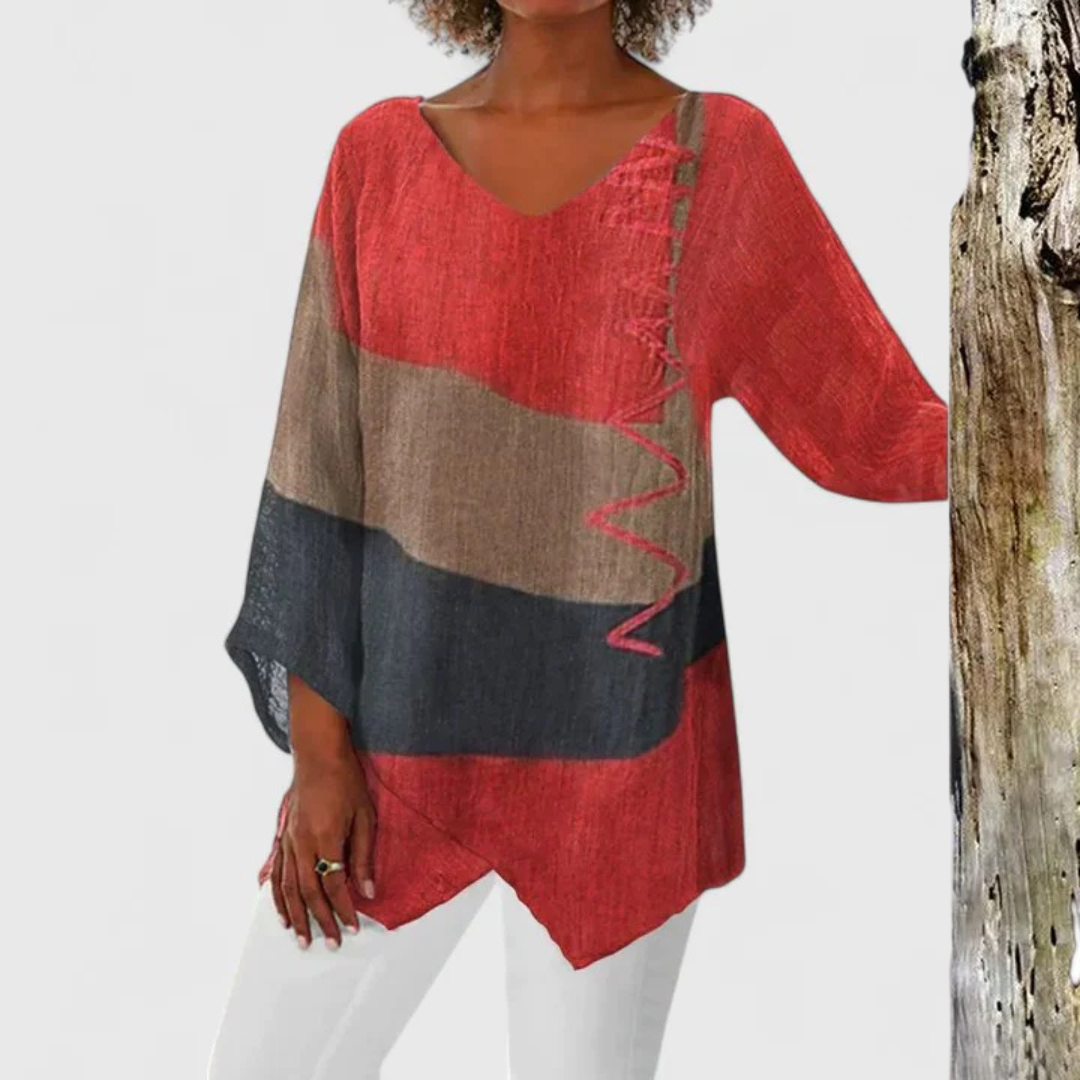 Stylish Color Block Tunic for Women with V-Neck Elbow Sleeve Asymmetric Hem Relaxed Casual Style