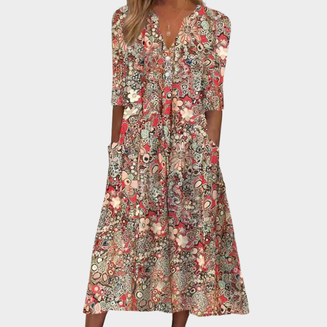 Effortless Floral Print Casual Dresses for Women with V Neck 3/4 Sleeve Relaxed Pocket Midi Style