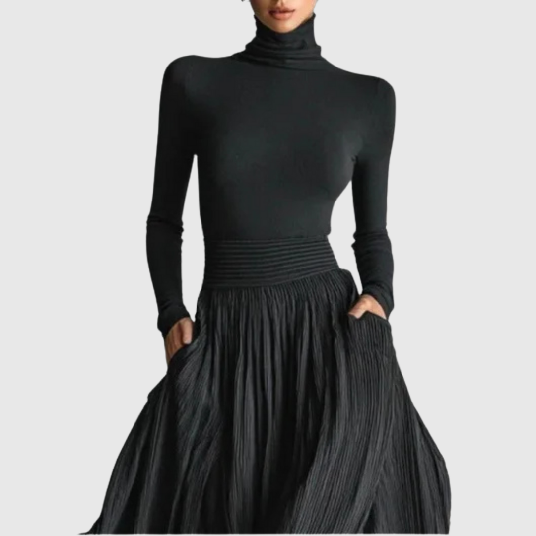 Elegant Black Maxi Skirt for Women with High Waist Pleated Flowing Slit Pocket Casual Style