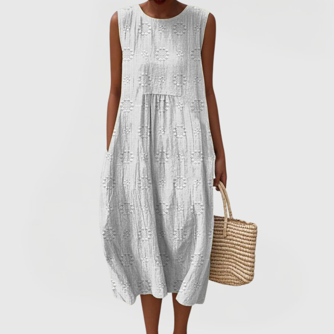 Effortless Embroidered Linen Casual Dresses for Women with Round Neck Sleeveless Pocket Midi Style