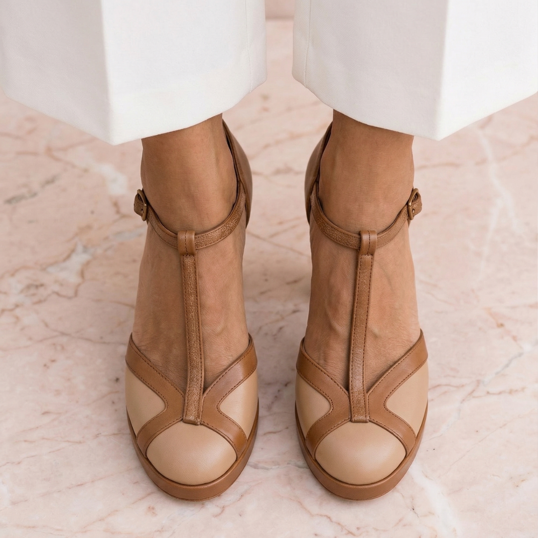 Comfortable Brown Heels for Women with T Strap Style