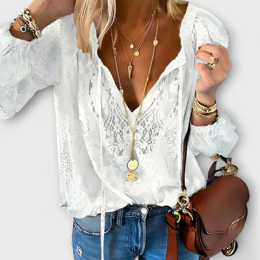 Elegant Lace Blouse for Women with Deep V-Neck Long Sleeve Ruffle Cuff Zip Front Casual Style