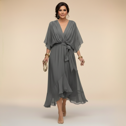Stylish Chiffon Mini Dress for Women with V Neck