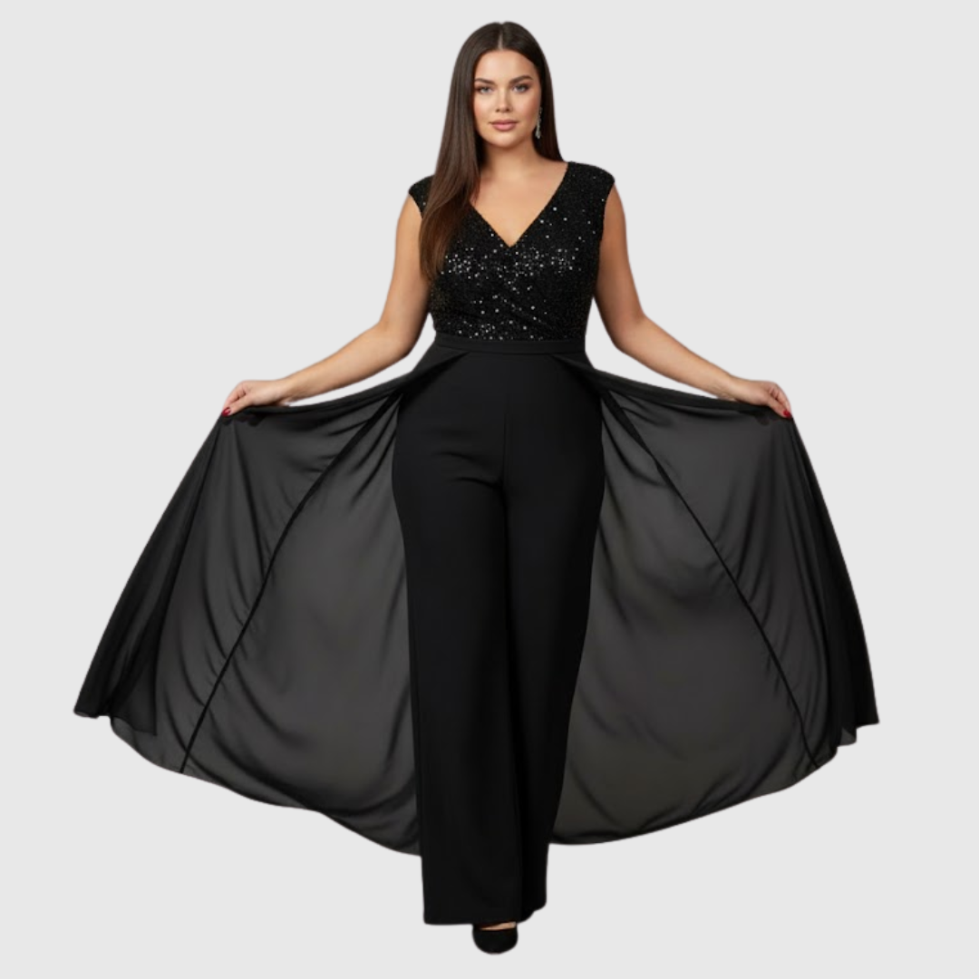 Elegant Black Sequin Jumpsuit for Women with Boat Neck Sleeveless Chiffon Wide Leg Formal Style
