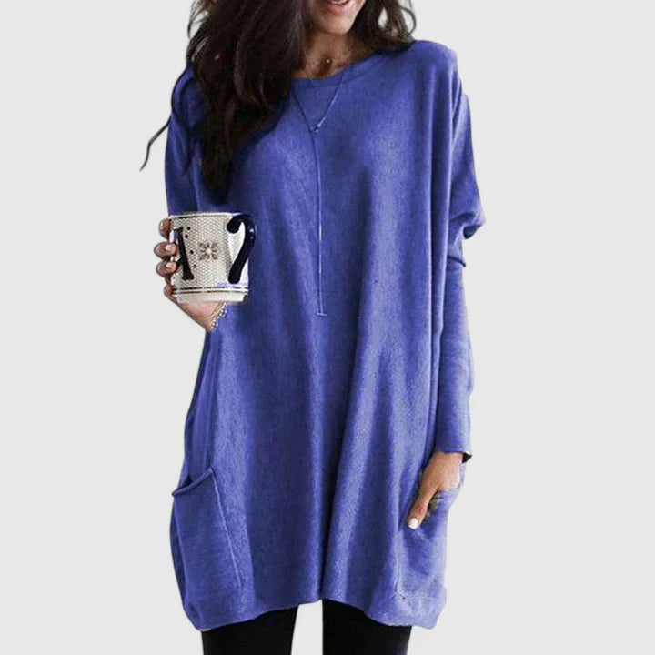 Comfortable Tunic for Women with Crew Neck Long Sleeve Oversized Pocket Casual Style