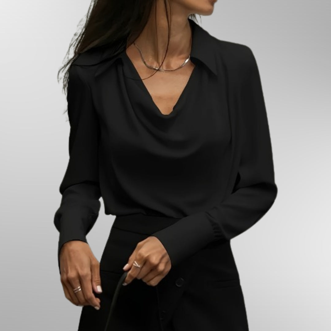 Elegant Satin Blouse for Women with Cowl Neck Long Sleeve Draped Collar Formal Style