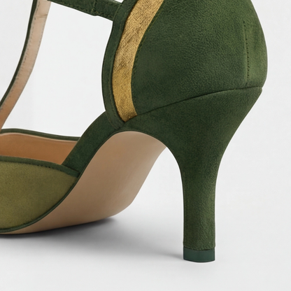 Comfortable Green Suede Heels for Women with T Strap Kitten Heel Buckle Style
