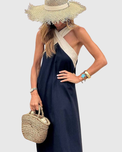 Effortless Colorblock Maxi Dress for Women with Halter Crossover Neck Sleeveless Casual Style
