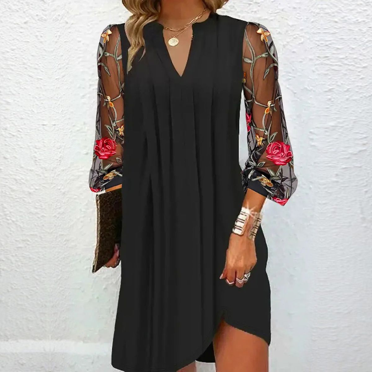 Effortless Black Floral Mini Dress for Women with V Neck