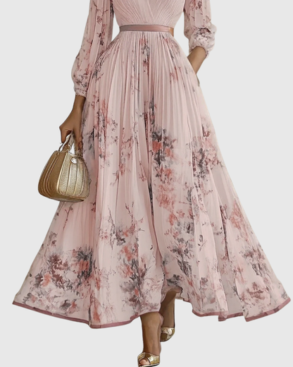 Elegant Floral Pleated Maxi Dress for Women with Deep V-Neck Sleeveless Belted Formal Wedding Guest Style