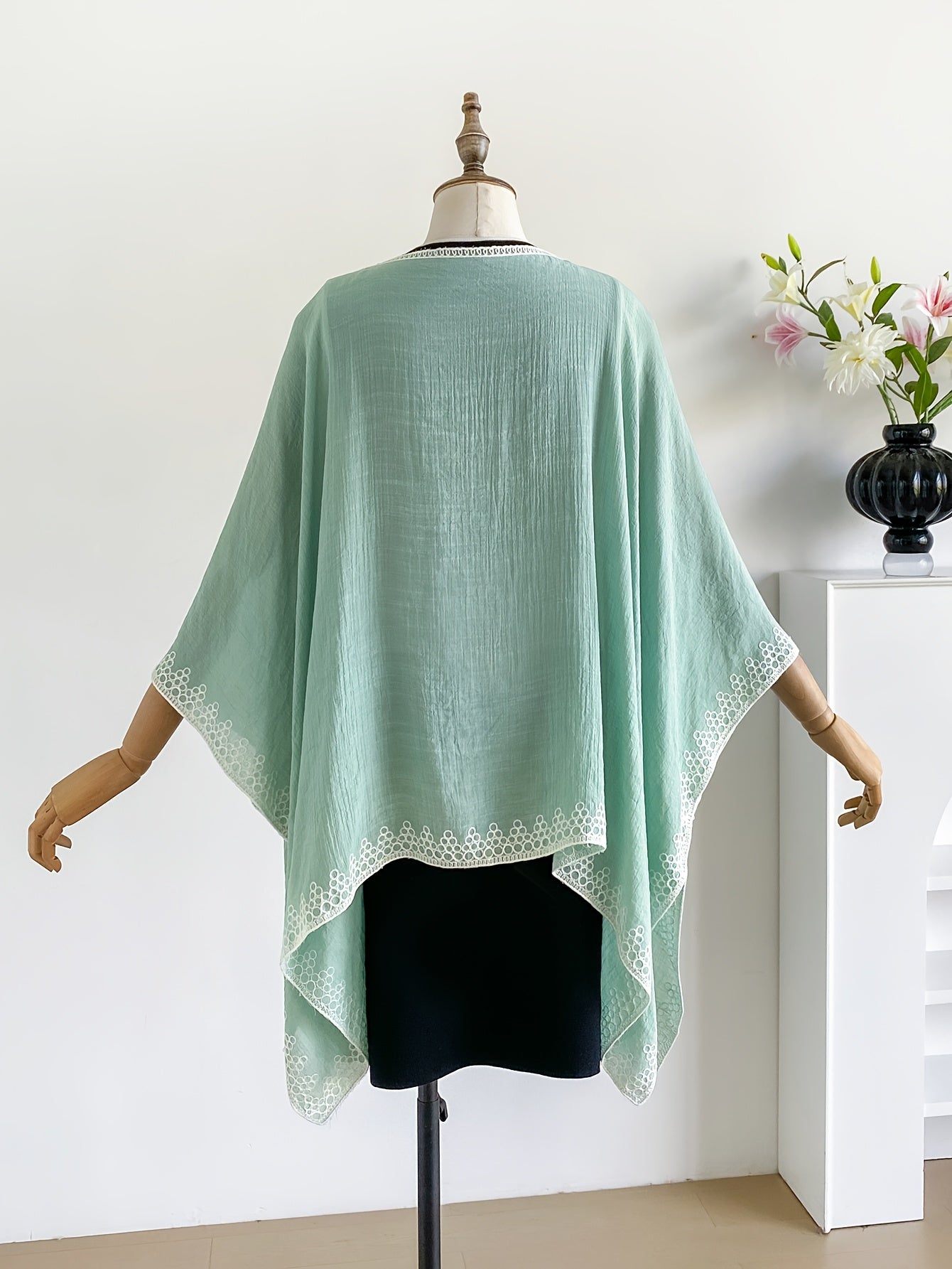 Effortless Poncho Shirt for Women with Embroidered Trim Batwing Sleeve Style