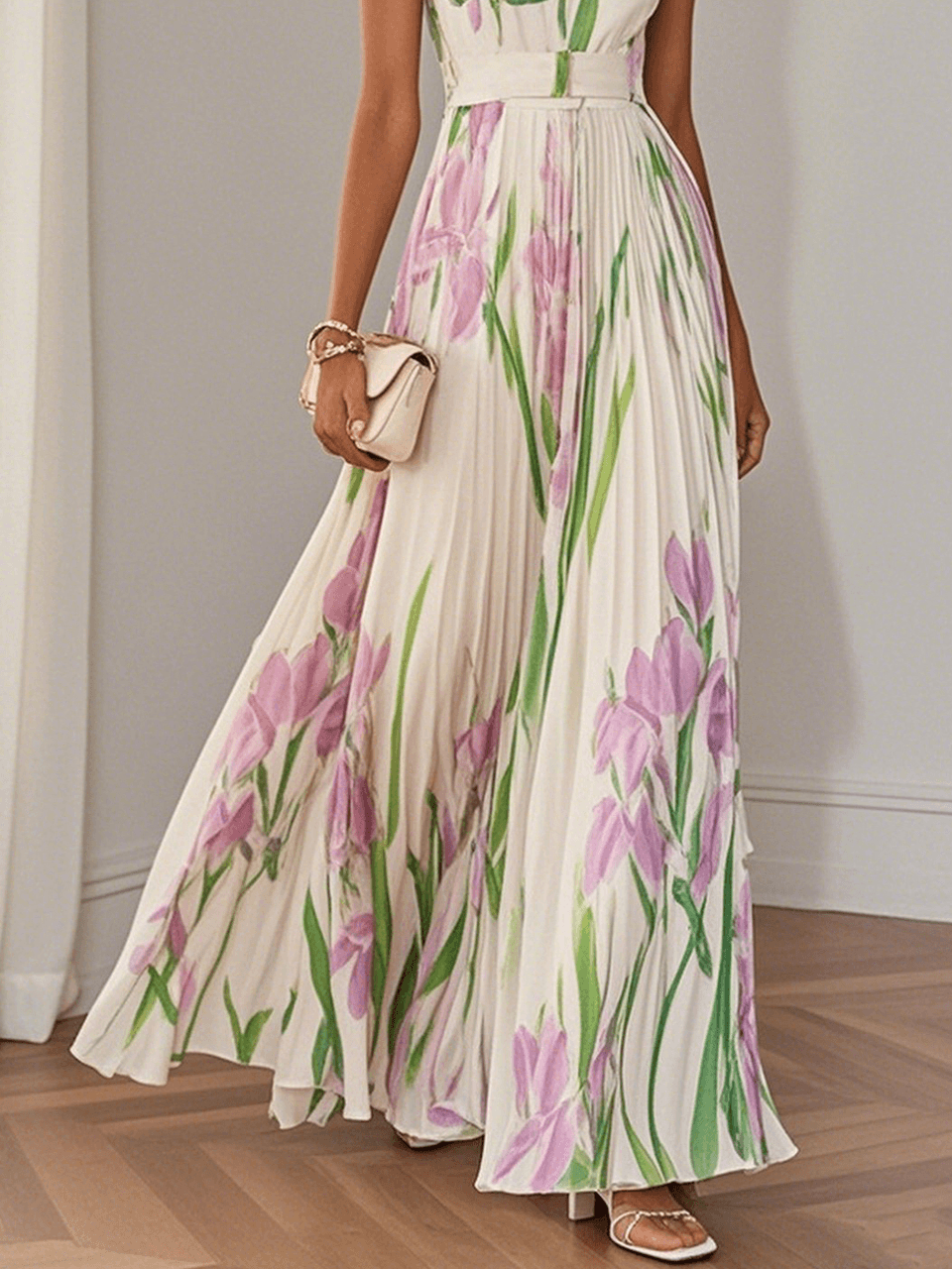 Elegant Floral Chiffon Maxi Dresses for Women with Square Neck Pleated A Line Formal Wedding Guest Style