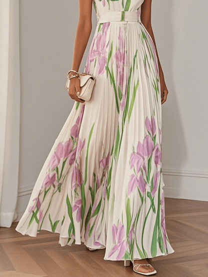 Elegant Floral Chiffon Maxi Dresses for Women with Square Neck Pleated A Line Formal Wedding Guest Style