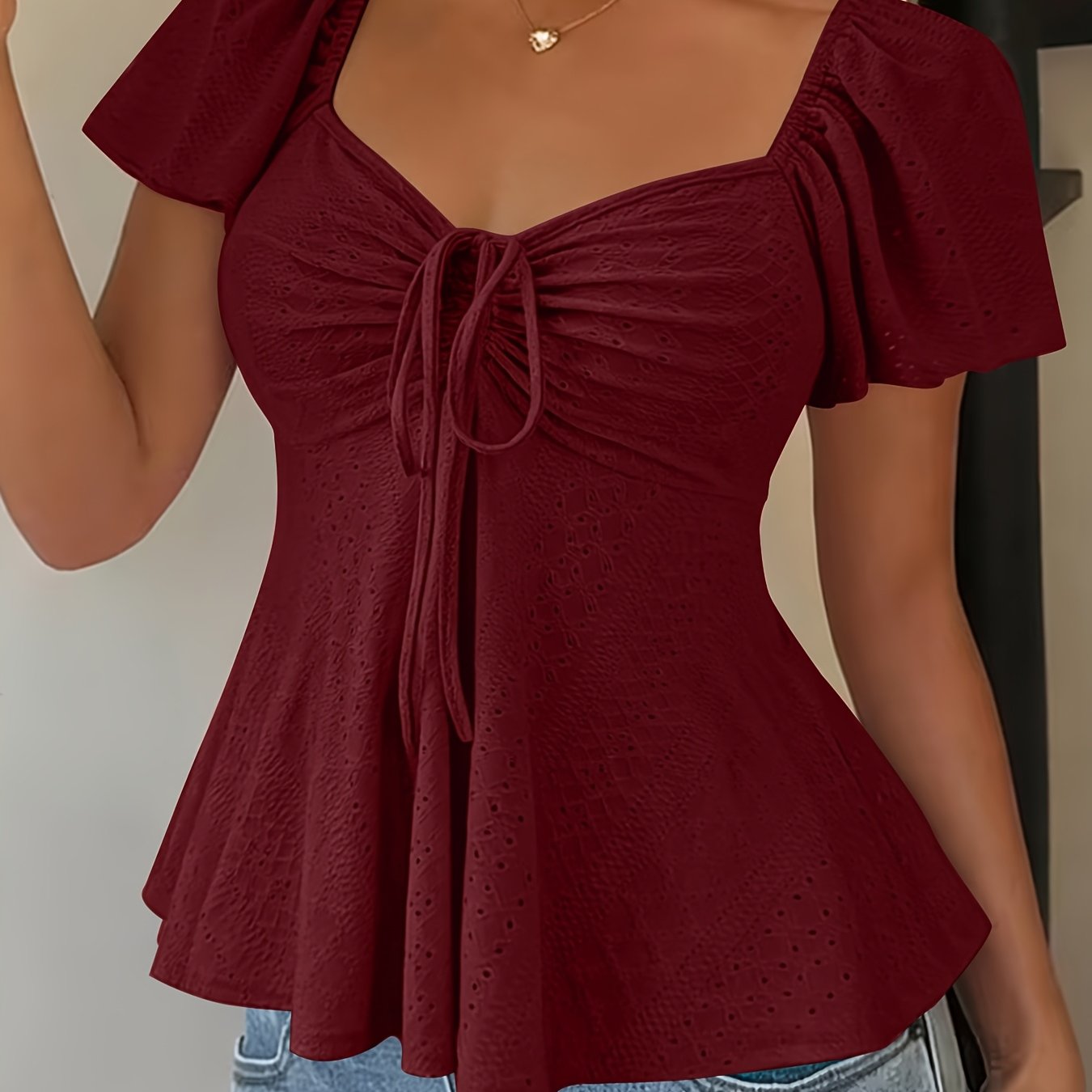 Effortless Blouse for Women with Sweetheart Neck Flutter Sleeve Peplum