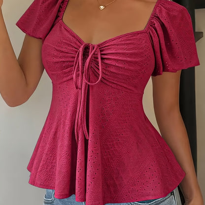 Effortless Blouse for Women with Sweetheart Neck Flutter Sleeve Peplum