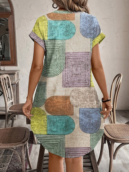Effortless Geometric Shirt Dress for Women with V Neck Retro