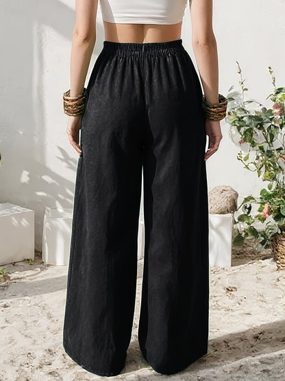 Stylish Wide Leg Linen Pants for Women with High Waist Relaxed Pocket Detail