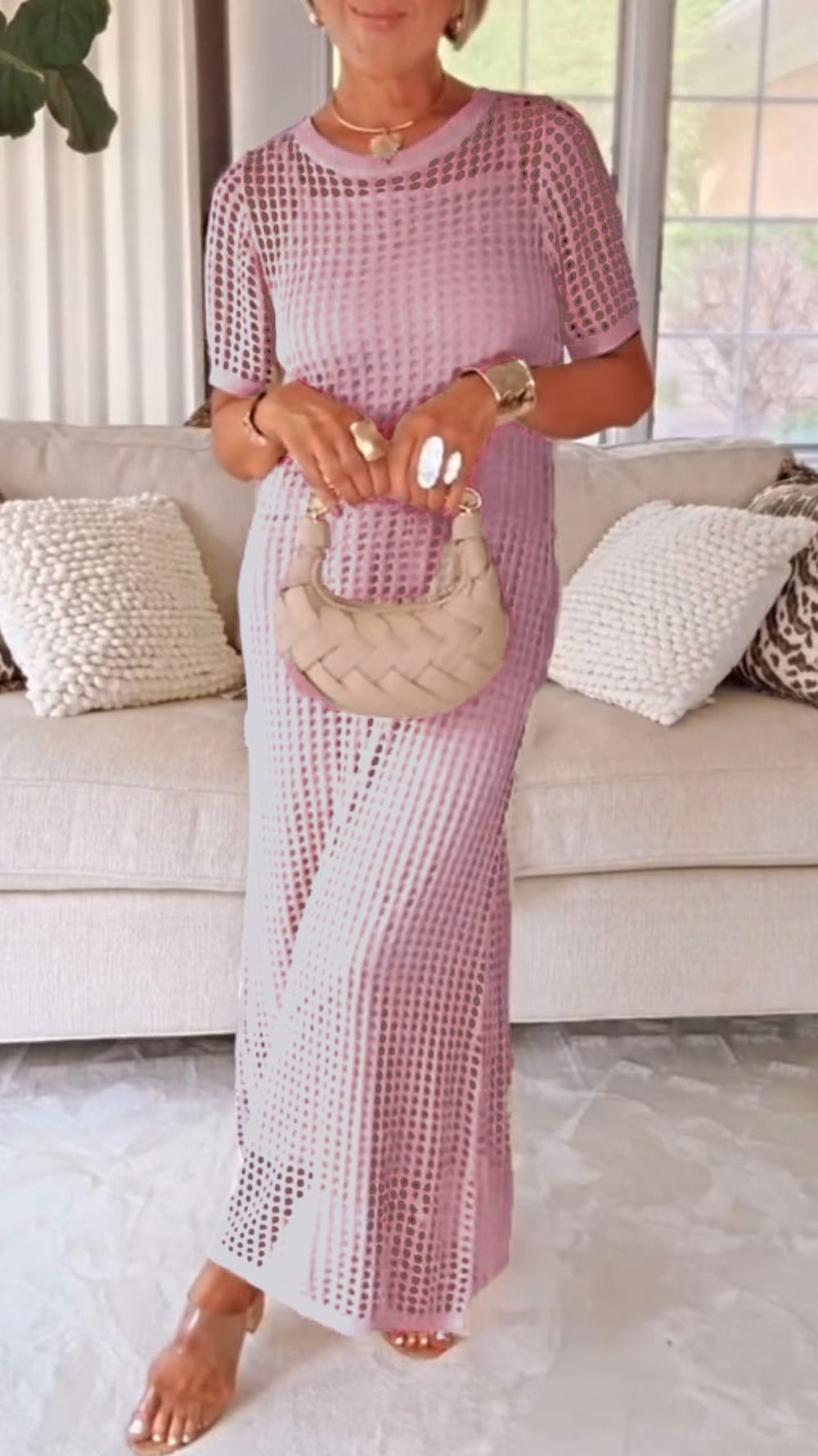 Effortless Two-Piece Set for Women with Boat Neck Short Sleeve Crochet Mesh Hollow Out Casual Style