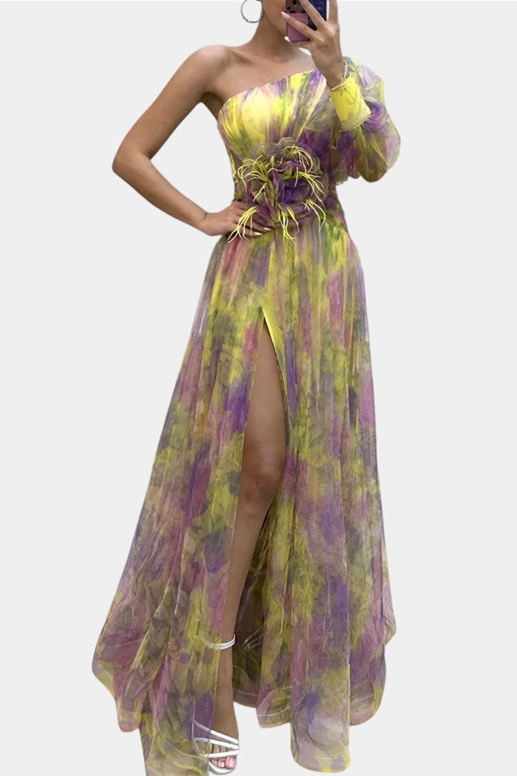 Elegant Abstract Print Maxi Dress for Women with One Shoulder Puff Sleeve Floral Waist Formal Style