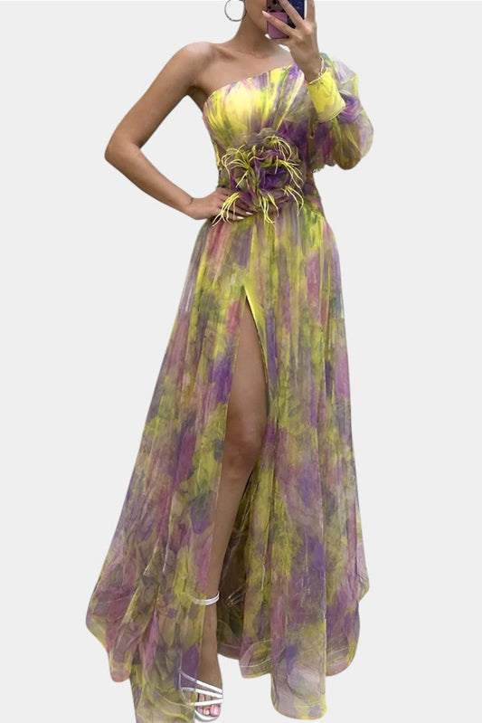 Elegant Abstract Print Maxi Dress for Women with One Shoulder Puff Sleeve Floral Waist Formal Style