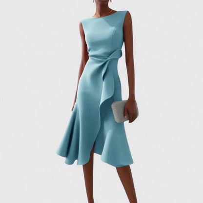 Elegant Sleeveless Midi Dress for Women with Asymmetric Ruffle Hem Formal Wedding Guest Style