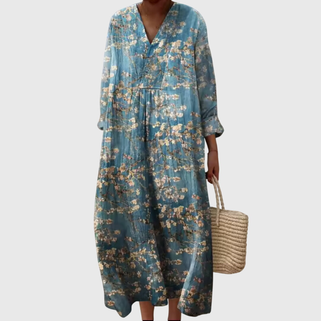 Effortless Colorblock Print Maxi Dress for Women with V-Neck Long Sleeve Casual Loose Style