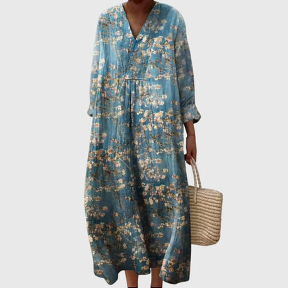 Effortless Colorblock Print Maxi Dress for Women with V-Neck Long Sleeve Casual Loose Style