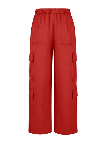 Effortless Red Cargo Pants for Women with High Waist Wide Leg Pocket Style