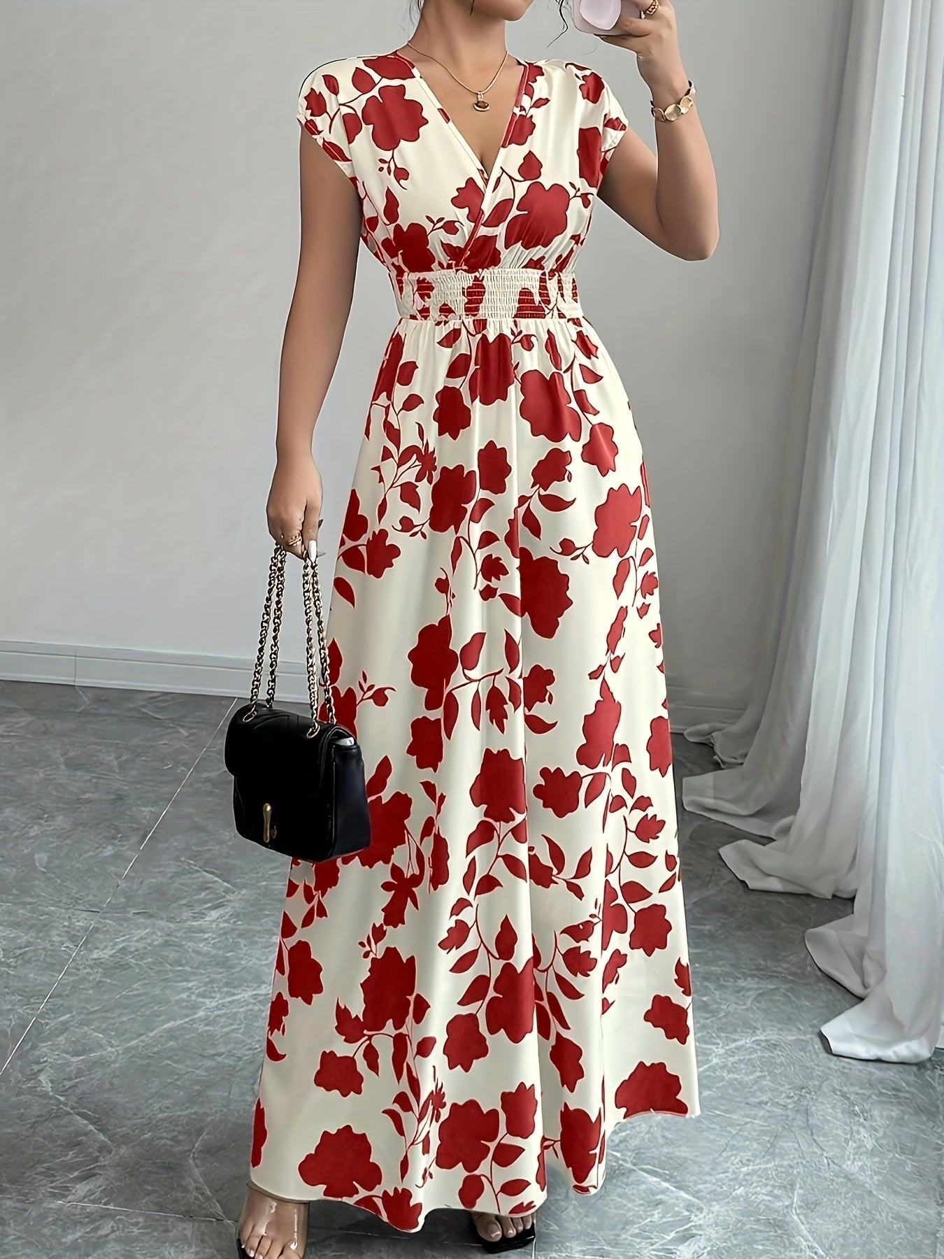 Elegant Floral Maxi Dress for Women with V Neck