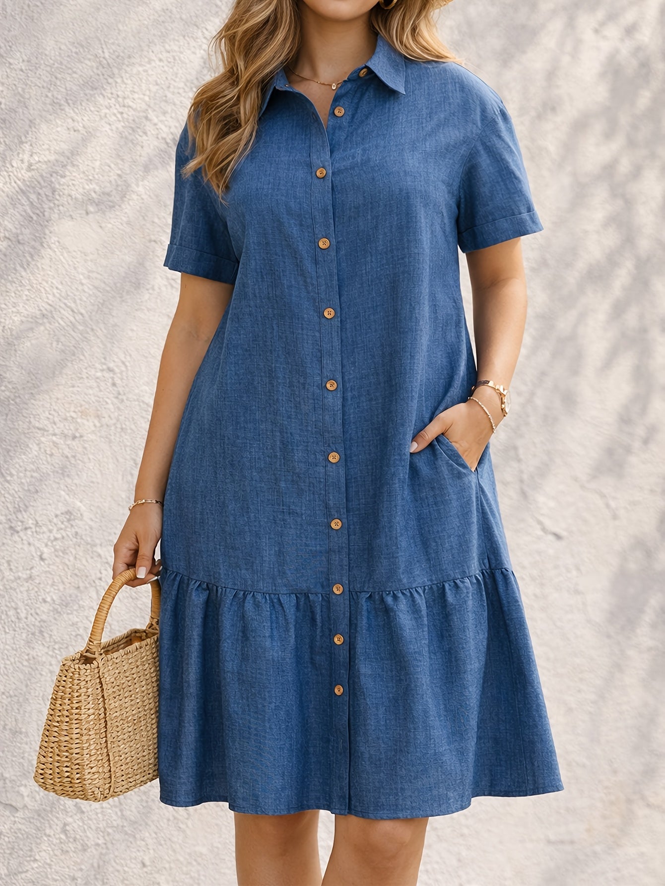 Effortless Blue Denim Shirt Dress for Women with Collar Short Sleeve Tiered Style